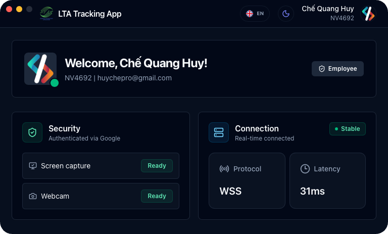 Giao diện LTA Tracking App hiển thị hồ sơ nhân sự, quyền ghi màn hình, webcam và kết nối thời gian thực