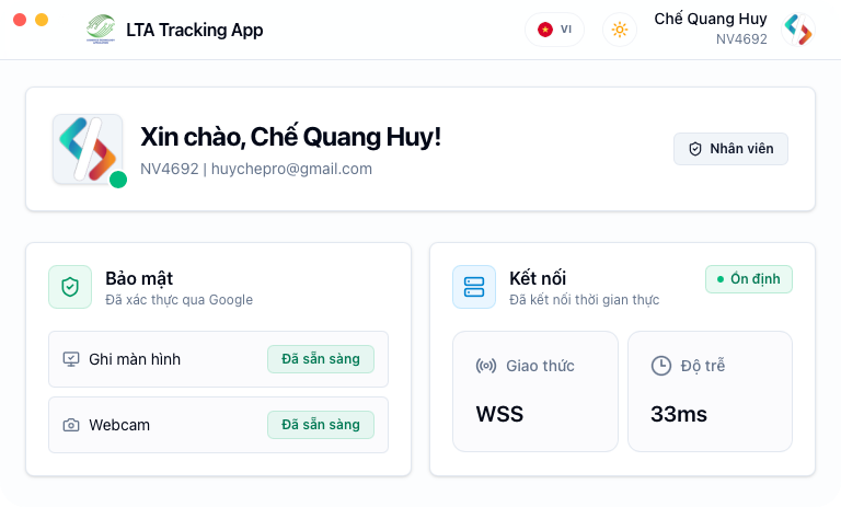Giao diện LTA Tracking App hiển thị hồ sơ nhân sự, quyền ghi màn hình, webcam và kết nối thời gian thực